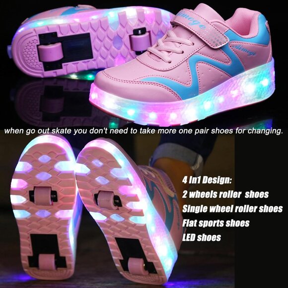 Kids Pink 3 Usb Chargeable Led Light Up Wheeled Skate Sneaker Shoes - Picture 5 of 6